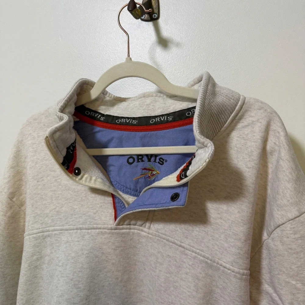 Orvis Mens Quarter Zip Sweatshirt Oatmeal Heather‎ Fly Fishing Logo 2XL
